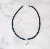 charcoal blue choker necklace with simple crystal teardrop dangle